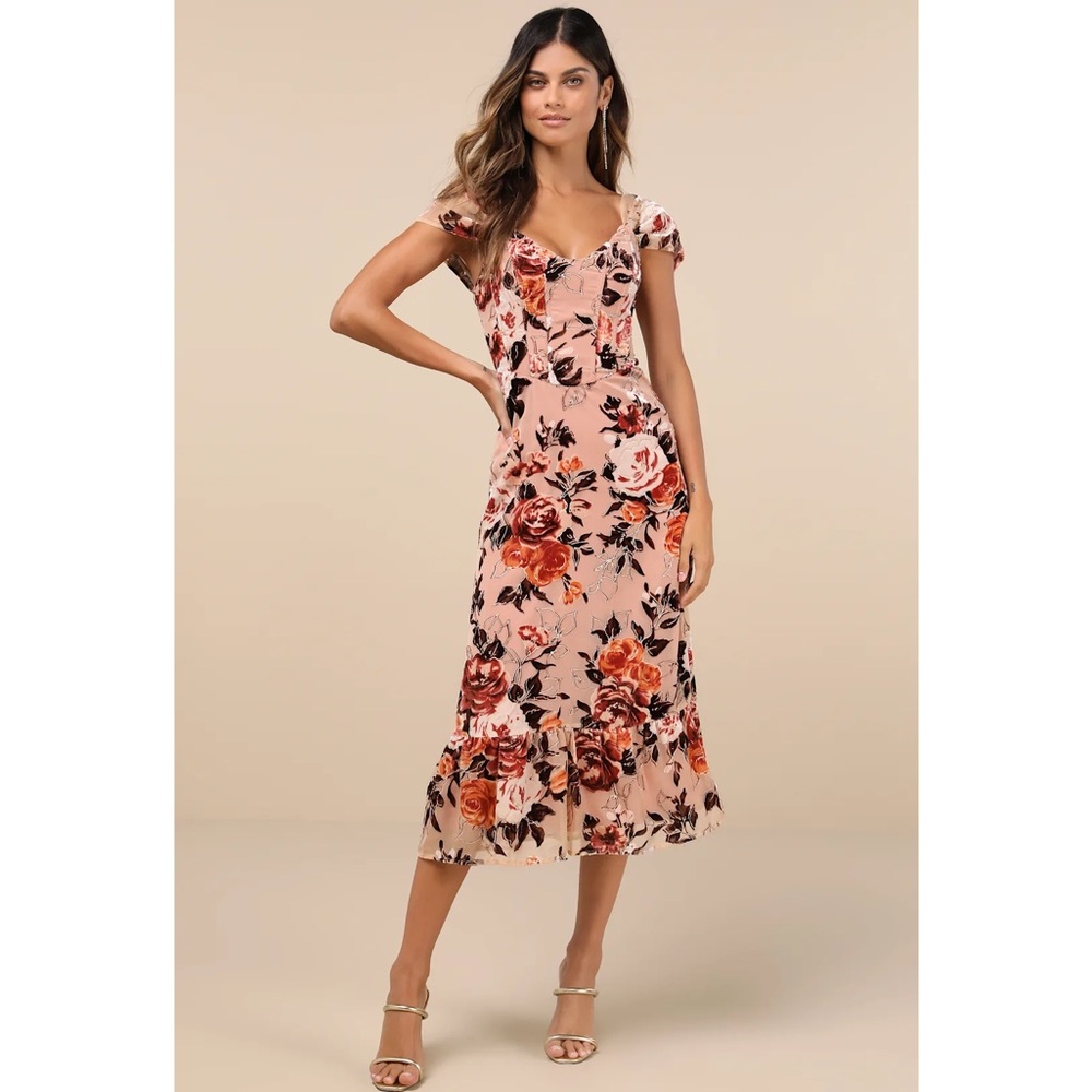 Lulus Composed Beauty Blush Pink Burnout Velvet Floral Midi Dress Event NWT M